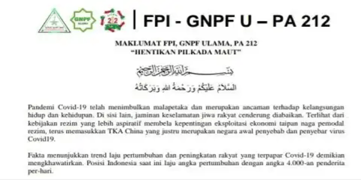 FPI, GNPF Ulama dan PA 212, Serukan Boikot Pilkada Serentak