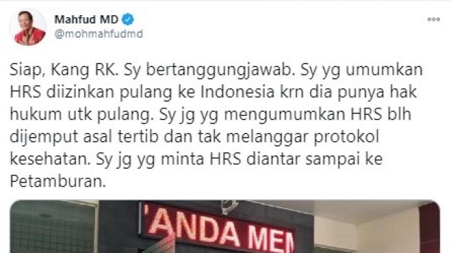 Mahfud MD Jawab Pernyataan RK soal Kerumunan HRS Atas Izin Menkopolhukam