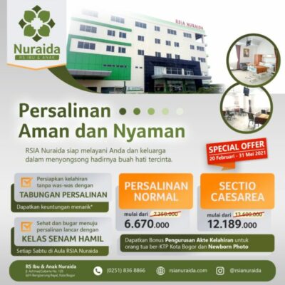 
 Harga Spesial Persalinan di Rumah Sakit Ibu dan Anak Nuraida Bogor, Sabtu 27 Februari 2021. (@rsianuraida/Bogordaily.net)