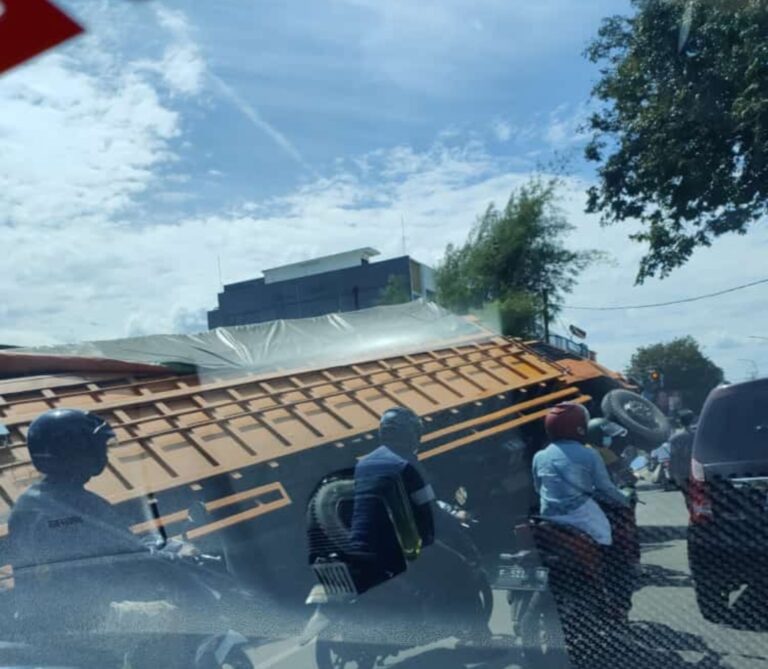 Tanpa Arahan Sopir Bongkar Muat Sendirian, Truk Berisi 20 Ton Sagu terguling di Dramaga Bogor
