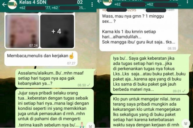 
 Percakapan orang tua murid dengan guru di Kabupaten Bogor terkait tugas yang diberikan terlalu banyak. (@nung_306/Bogordaily.net)