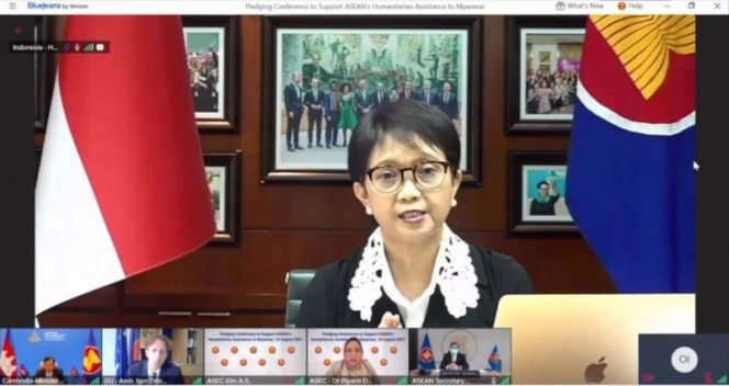 
 Menlu RI Retno LP Marsudi dalam Pledging Conference to Support ASEAN’s Humanitarian Assistance to Myanmar, Sabtu (18/09/2021) (Humas Kemlu/Bogordaily.net)