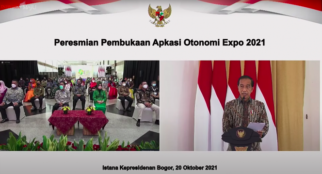 
 Presiden Joko Widodo memberikan sambutan saat membuka Apkasi Otonomi Expo 2021, di Istana Kepresidenan Bogor, Jabar, Rabu 20 Oktober 2021.(Tangkapan Layar YouTube Sekretariat Presiden/Bogordaily.net)