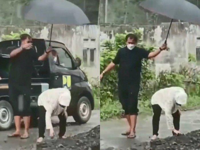 Viral, Mensos Risma Singkirkan Batu di Tengah Jalan Sambil Hujan-hujanan di Semeru