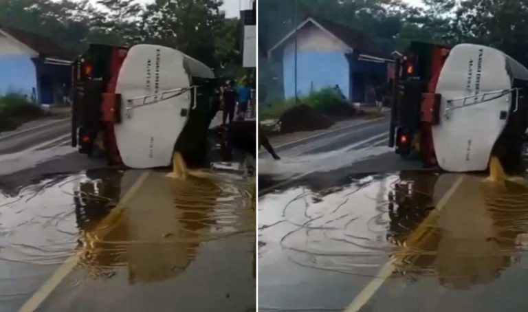 Viral Truk Tangki Terguling, Warga Berebut Minyak Goreng Tumpah