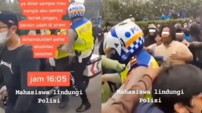 Viral Mahasiswa Lindungi Polisi yang Dikeroyok Saat Demo Ricuh, Warganet: Ada Penyusup!