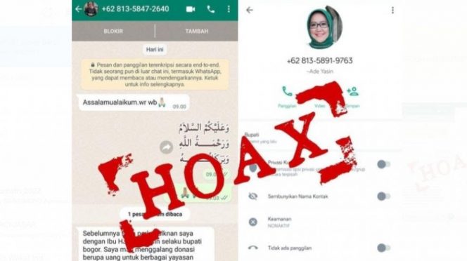 
 Pesan Hoax WhatsApp Mengatasnamakan Bupati Bogor Ade Yasin. (@kabupaten.bogor/Bogordaily.net)