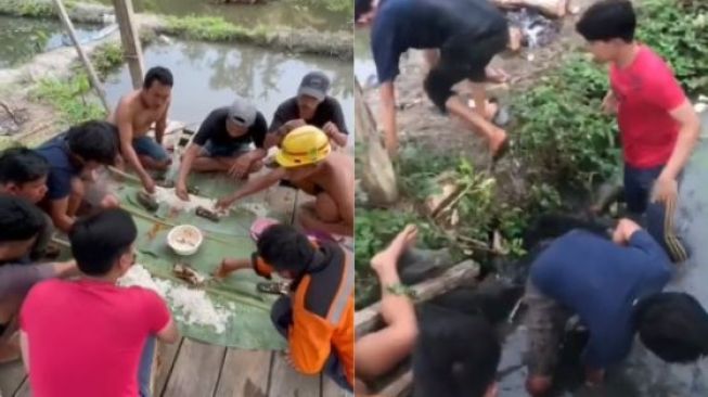 Kocak! Gubuk Ambrol Gerombolan Bapak-bapak Nyemplung ke Empang