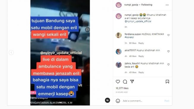 Viral, Live Report dari Dalam Ambulance Jenazah Eril Wangi Semerbak
