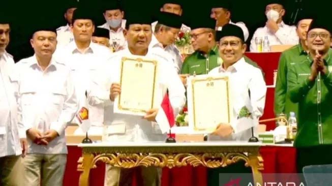 
 Deklarasi koalisi Partai Gerindra dan PKB di SICC, Sentul, Kabupaten Bogor, Sabtu 13 Agustus 2022. (ANTARA/HO-Partai Gerindra/Suara.com/Bogordaily.net)