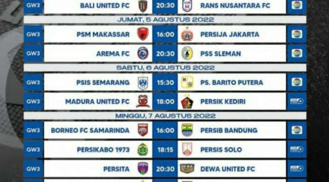 Jadwal Pekan Ketiga Liga 1 2022/23, Ada PSM Makassar Vs Persija, Persikabo vs Persis Solo