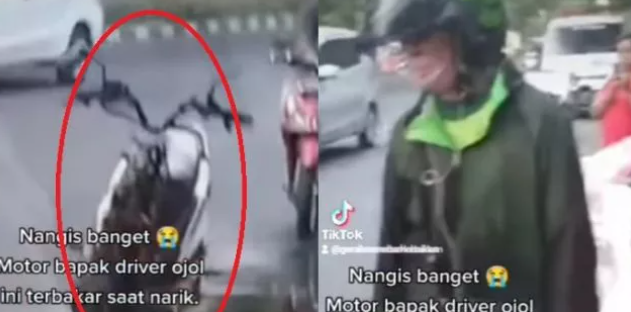 Viral, Driver Ojol Pasrah Lihat Motornya Terbakar Saat Bawa Penumpang