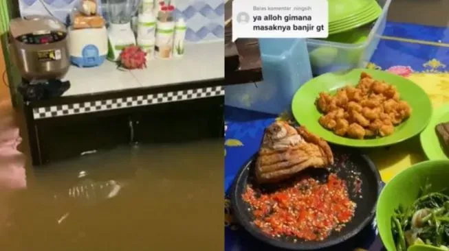 Masak di Dapur Terendam Banjir Ibu Ini Strong Banget