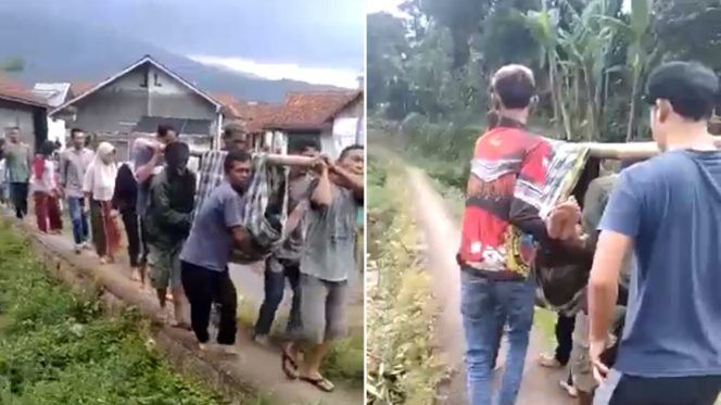 
 Tangapan layar video warga Tamansari, Kabupaten Bogor ditandu lantaran jalan sempit.(Istimewa/Bogordaily.net)