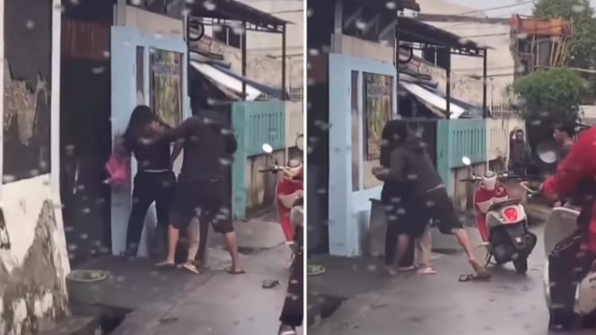 
 Tangkapan layar video viral seorang pria memukul wanita di depan seoran g anak kecil.(Instagram/ @jakut.info/Bogordaily.net)