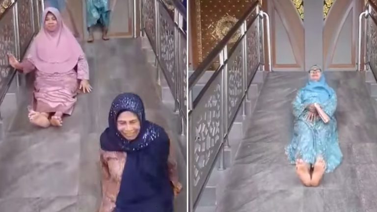 Viral Emak-Emak Main Perosotan di Teras Masjid, Warganet Auto Ngakak