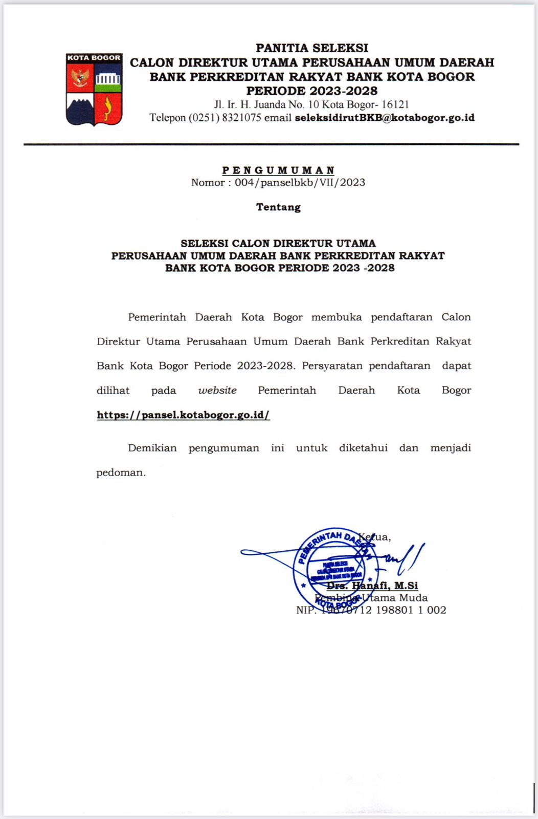 Pendaftaran Seleksi Calon Dirut Perumda BPR Bank Kota Bogor Dibuka Hari Ini