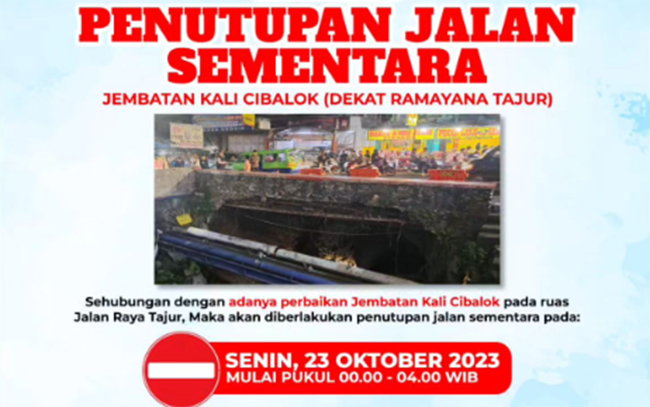 Siap-Siap, Jalan Raya Tajur Bogor Ditutup Sementara Senin, 23 Oktober 2023