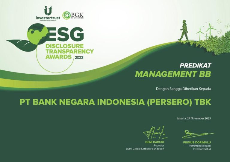 Transparan Laporan ESG, BNI Raih Penghargaan Investor Trust-BGK Foundation