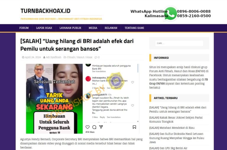 BRI Pastikan Soal Uang Nasabah Hilang Efek Bansos saat Pemilu Hoax