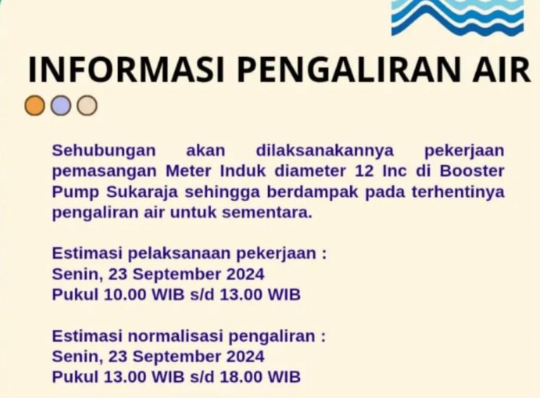 Perumda Air Minum Tirta Kahuripan Umumkan Penghentian Air Sementara Imbas Pemasangan Meter Induk di Booster Pump Sukaraja