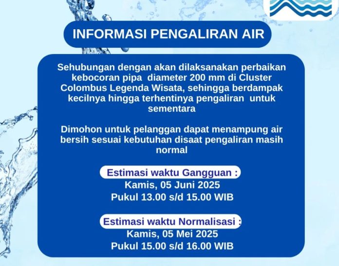 Perumda Air Minum Informasikan Terhentinya Aliran Sementara Imbas Perbaikan Pipa di Legenda Wisata
