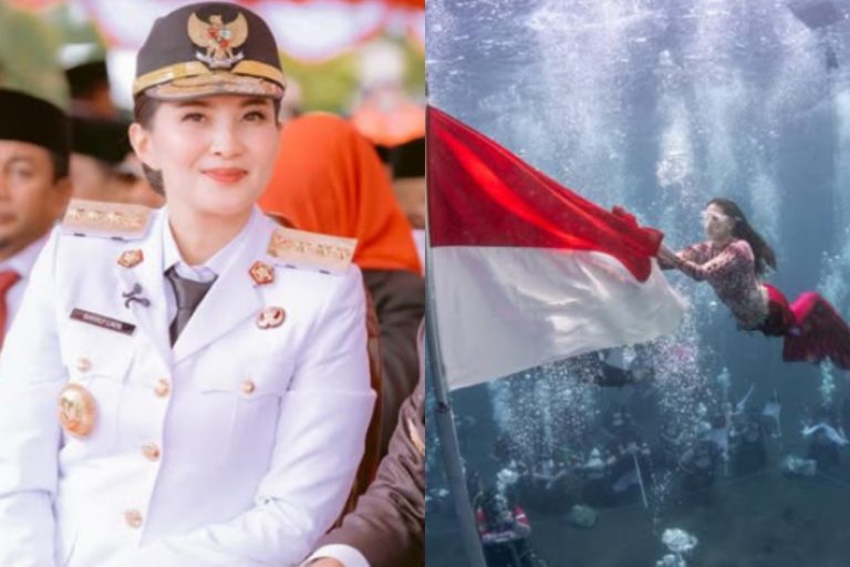 Viral, Gubernur Cantik Ini Kibarkan Bendera Merah Putih di Dasar Laut